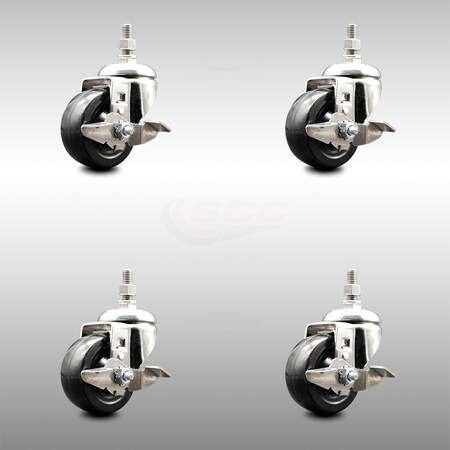 Service Caster 3 Inch 316SS Hard Rubber Wheel Swivel 12mm Threaded Stem Caster Set Brake SCC-SS316TS20S314-HRS-TLB-M1215-4